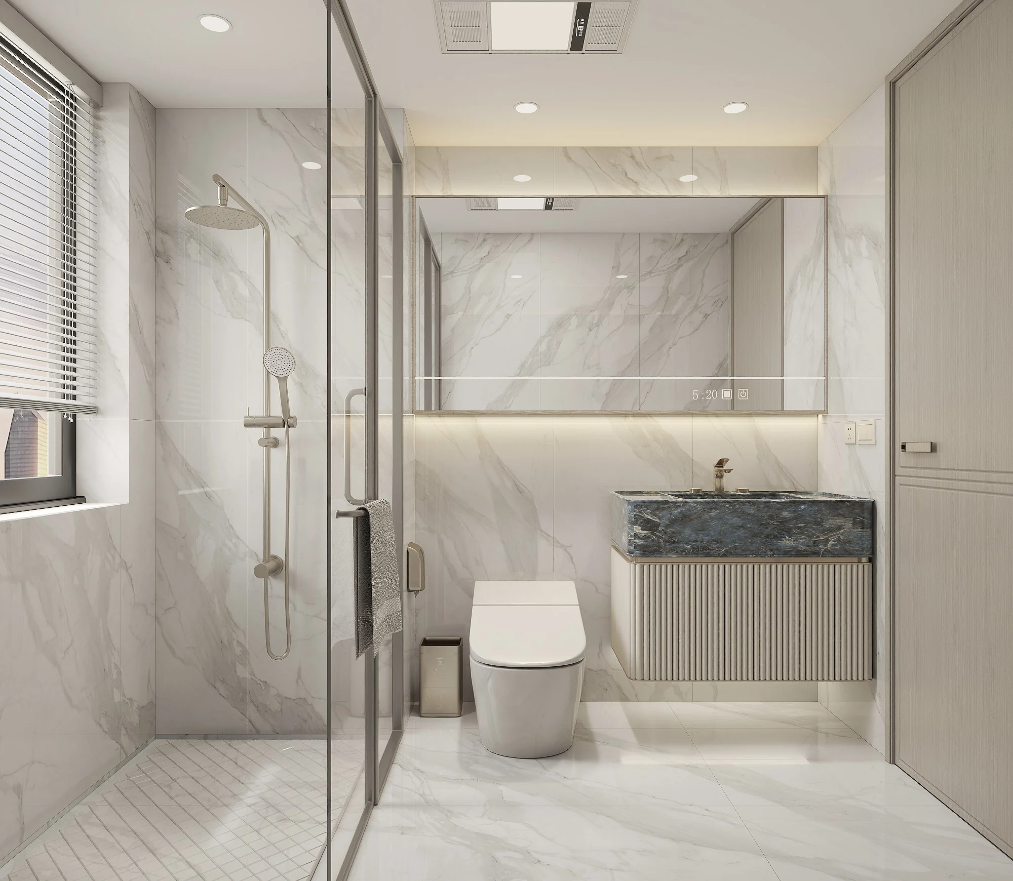 Interior render of a bathroom with shower and vanity