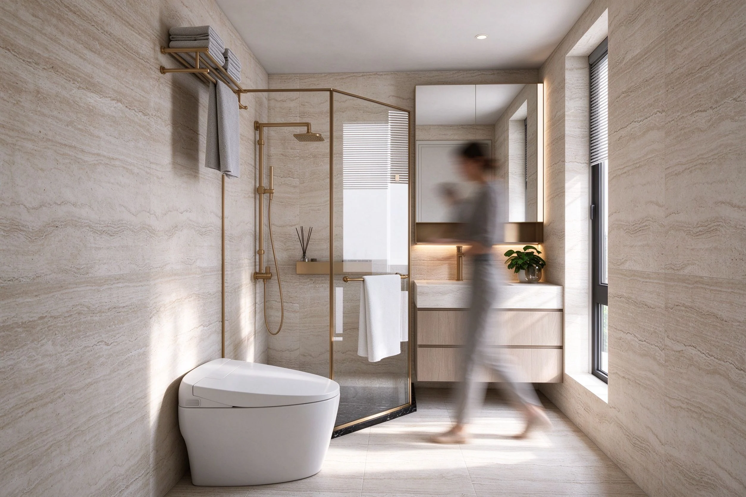 Interior render of a bathroom with an enclosed shower