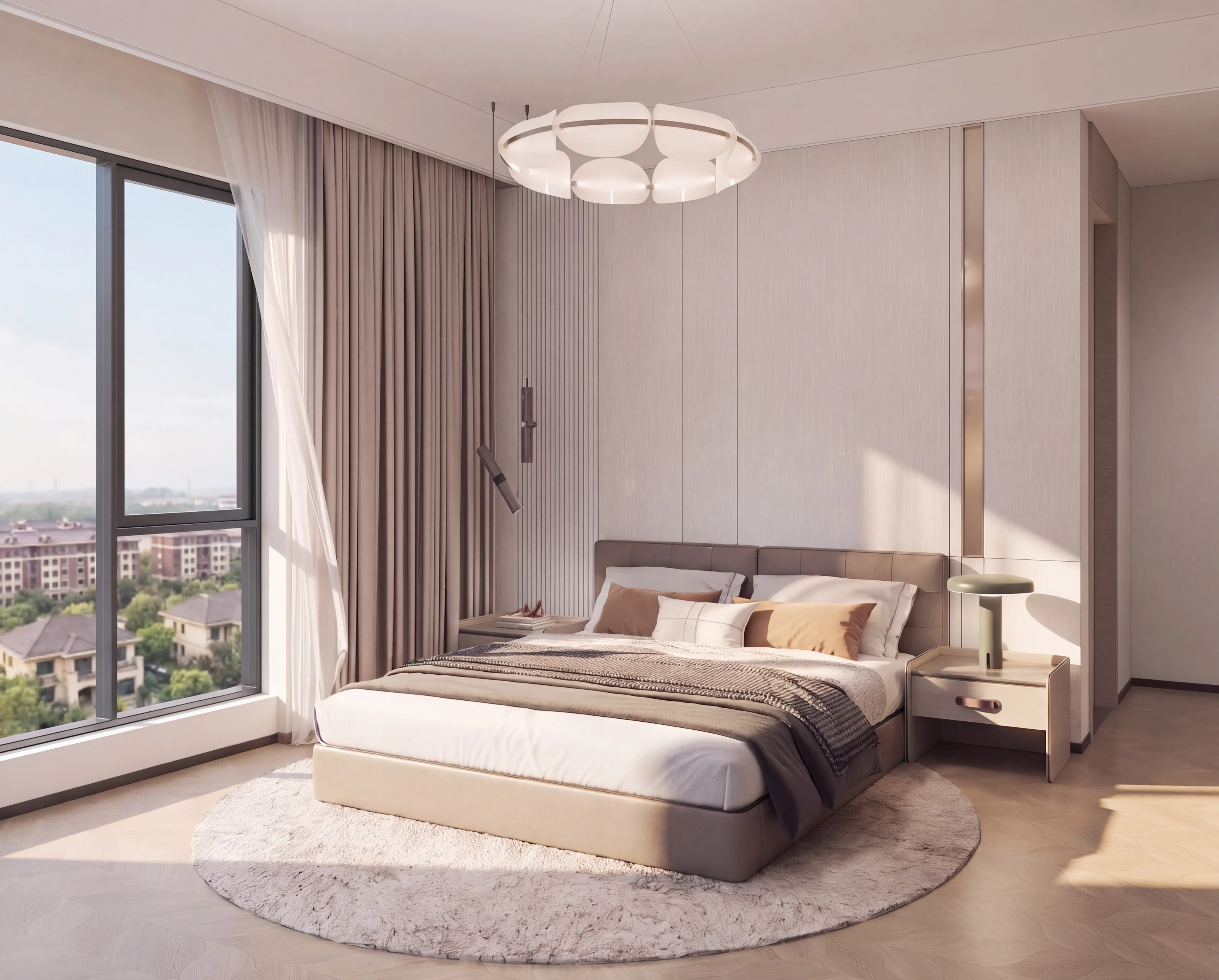 Interior render of a bedroom beside a balcony