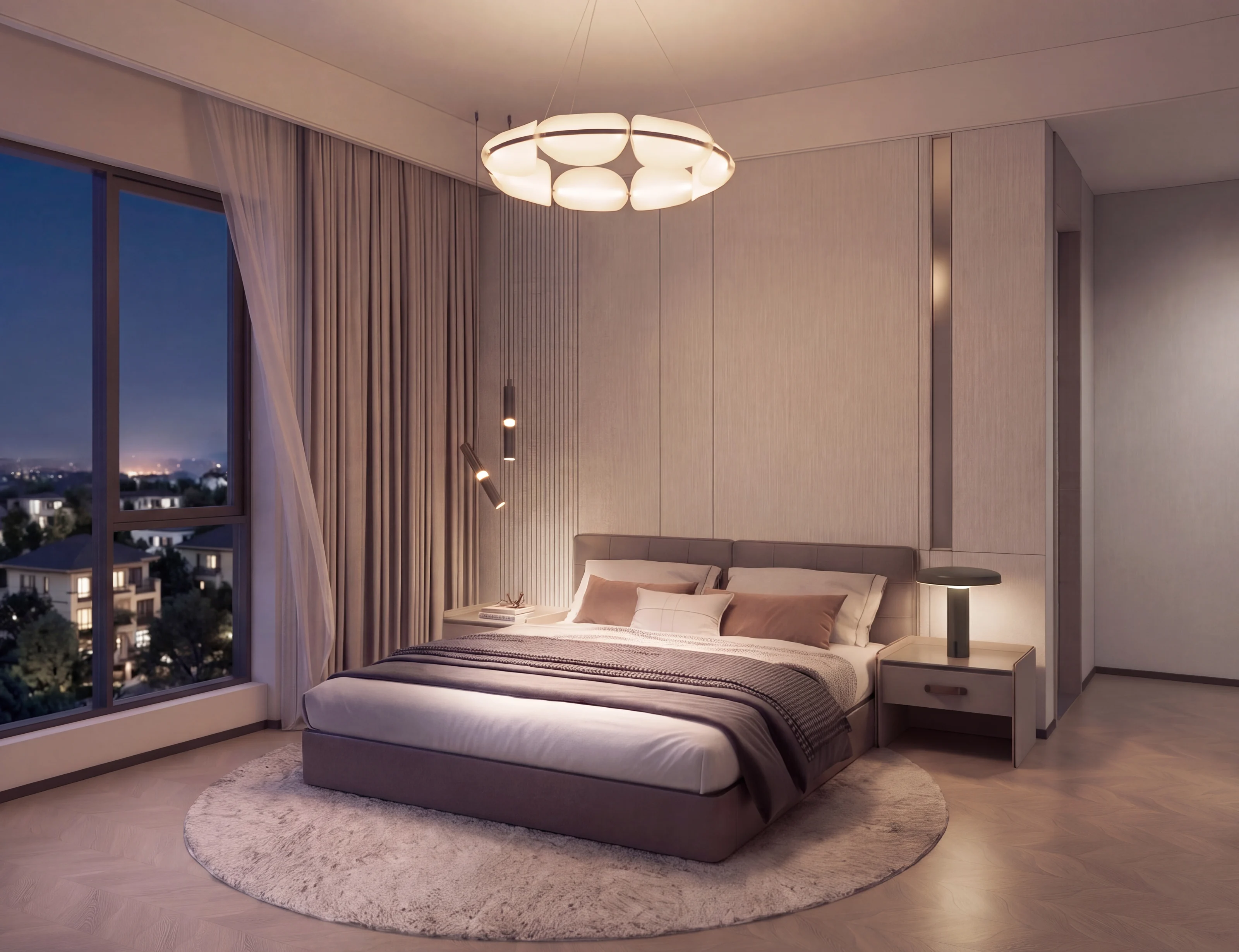 Interior render of a bedroom in the evening