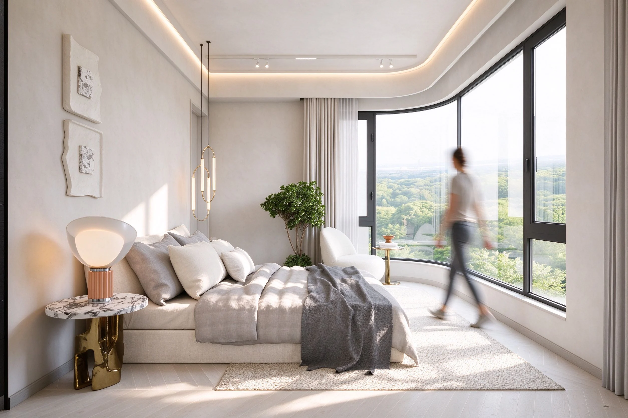 Interior render of a bedroom beside a large window