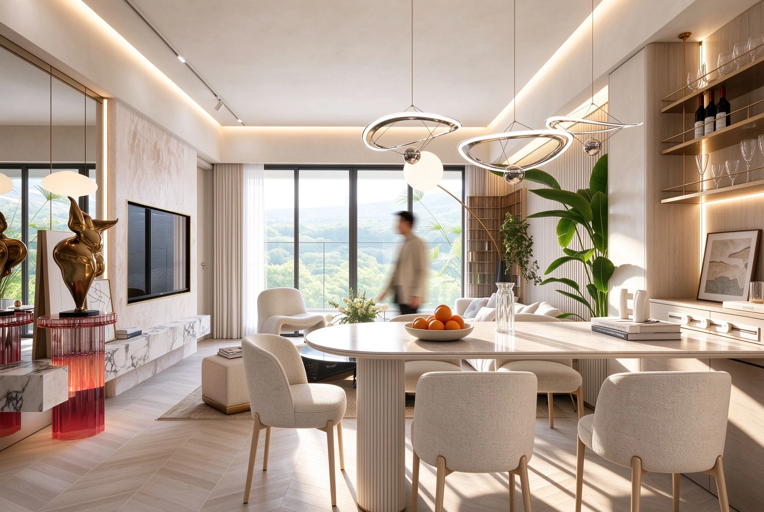 Interior render of a dining area beside a window
