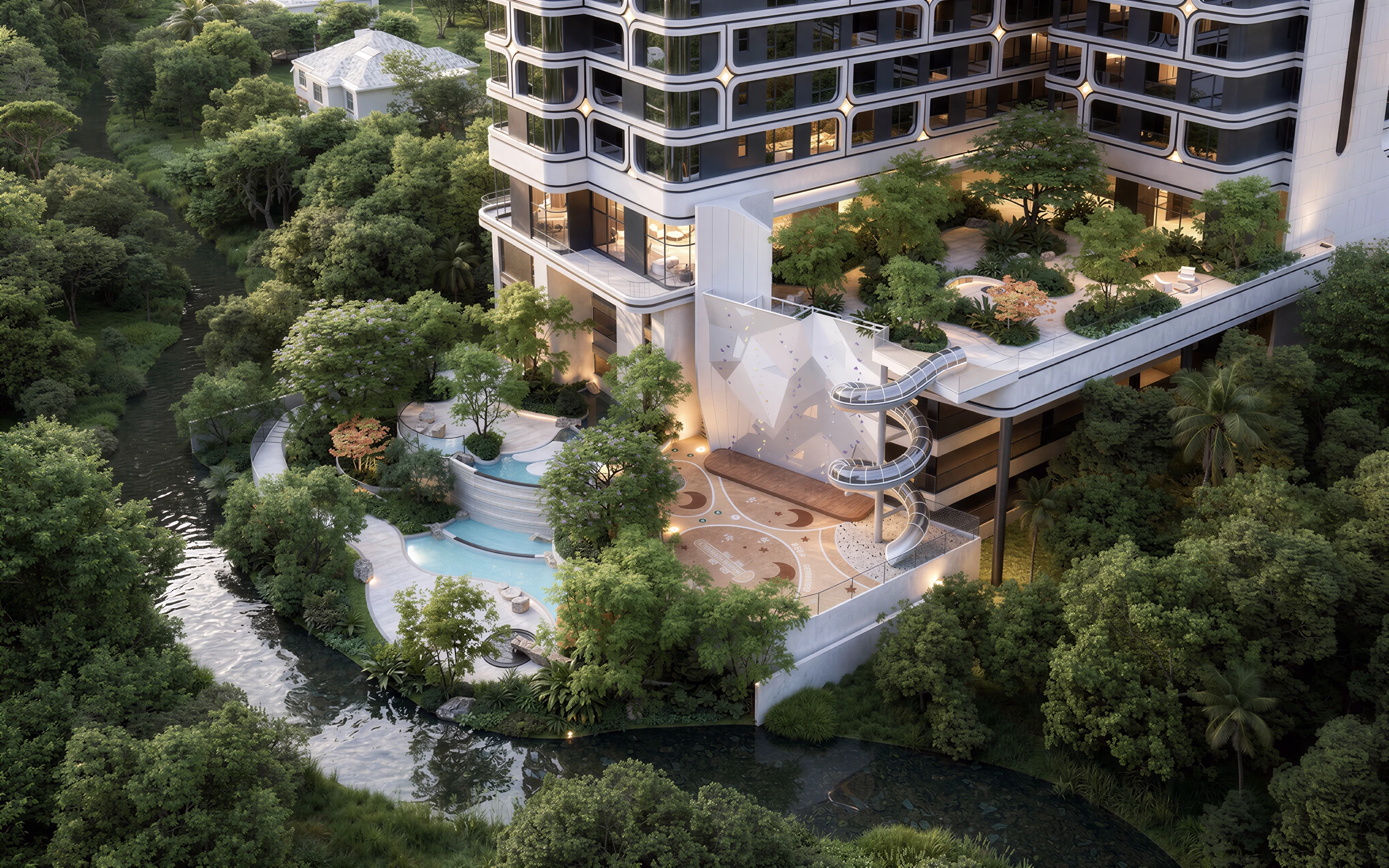 Architectural render looking down over the entrance landscaping