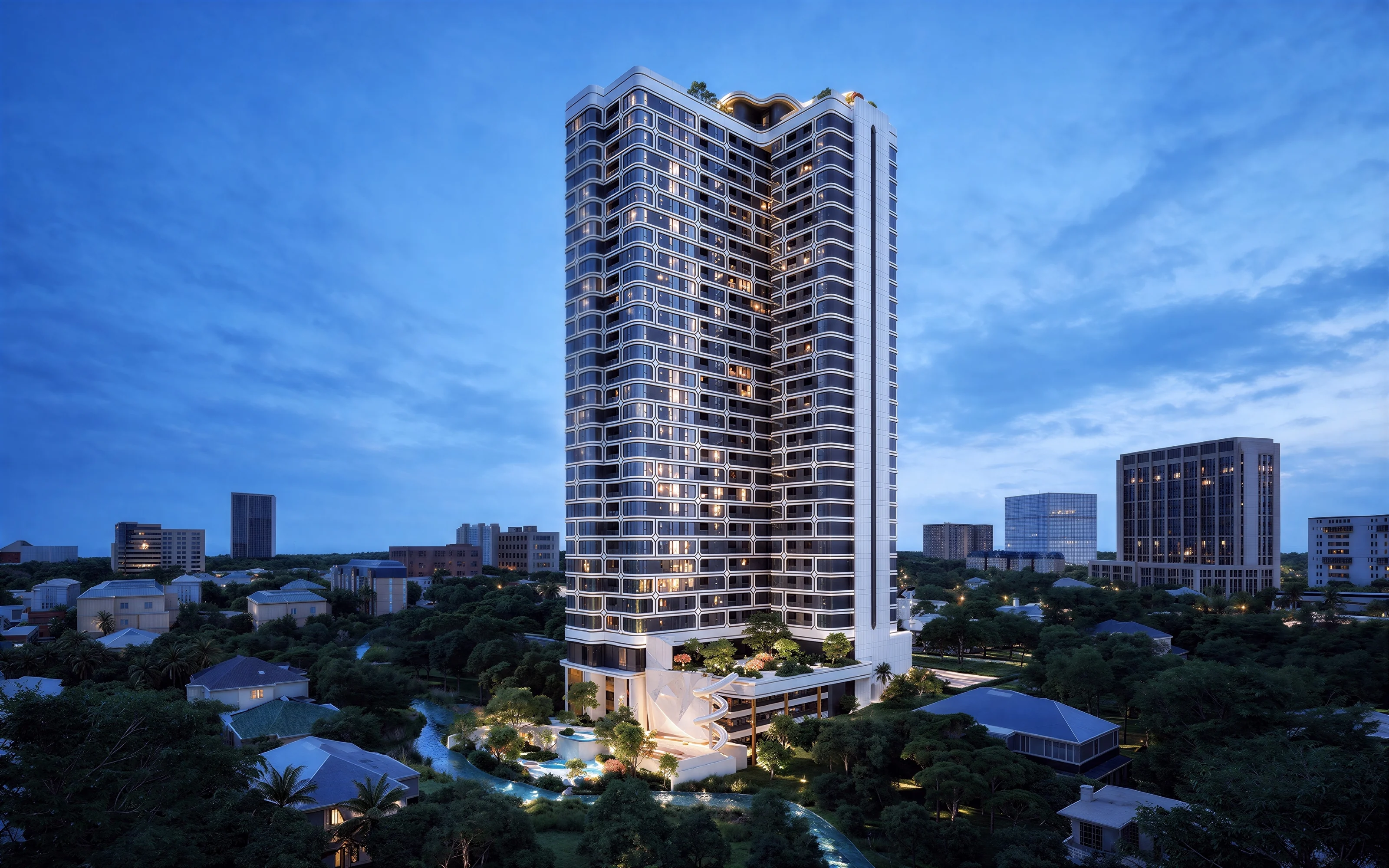 Wide architectural render of the tower at blue hour