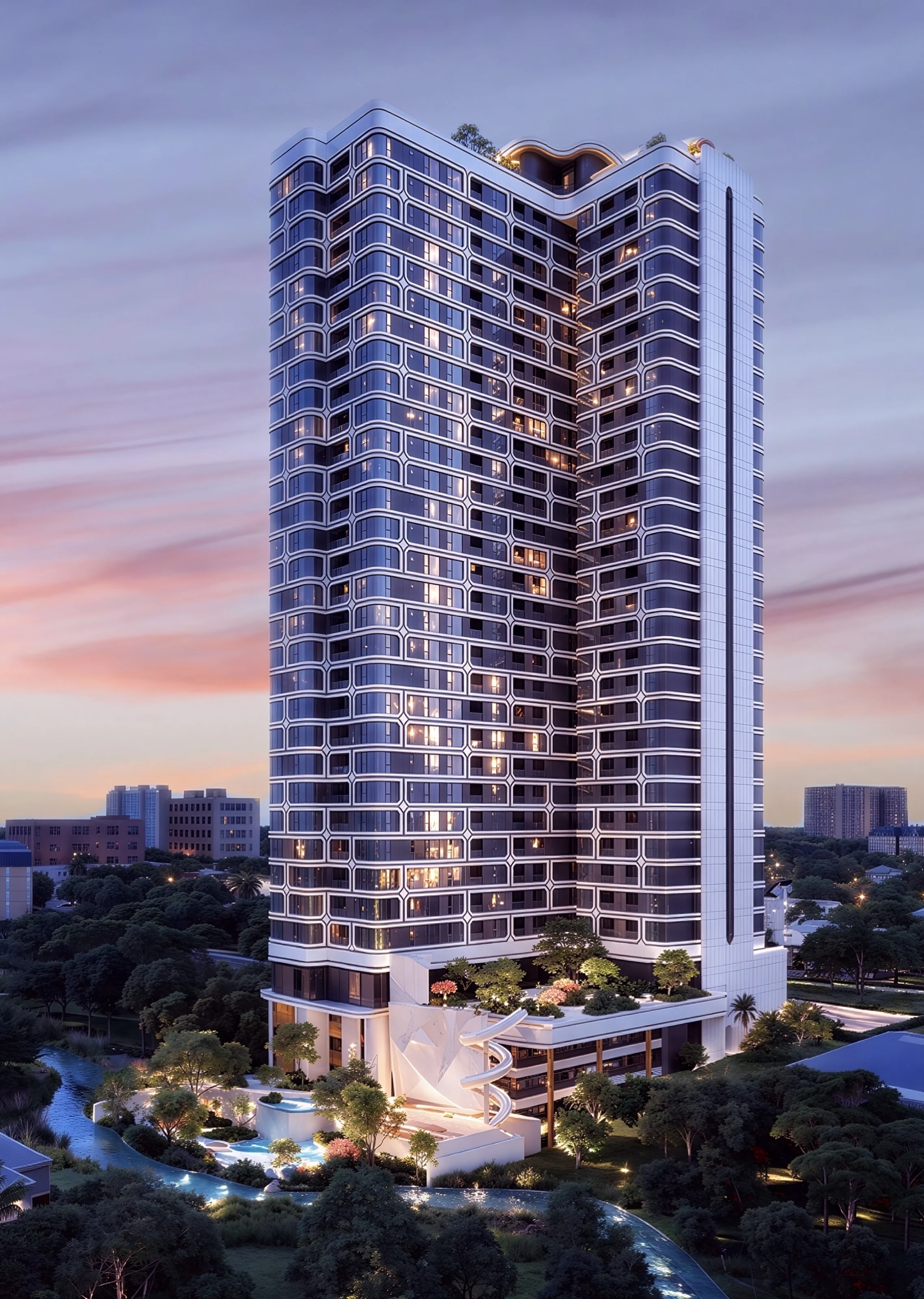 Portrait architectural render of Coral Cove at dusk