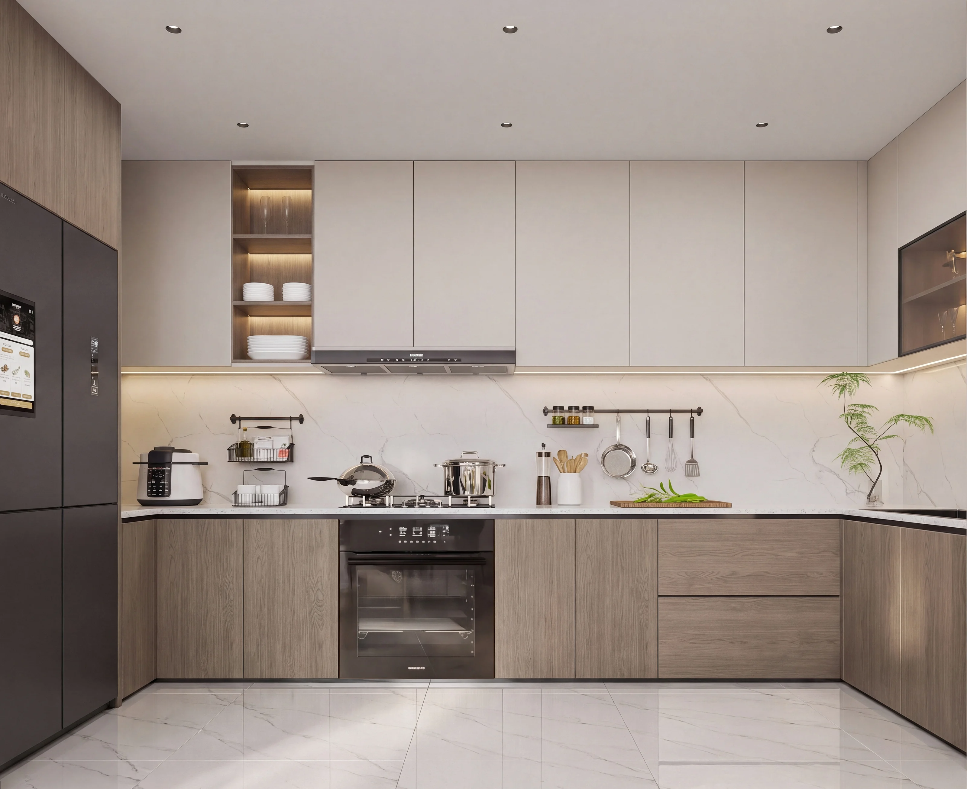 Interior render of a kitchen viewed from the front