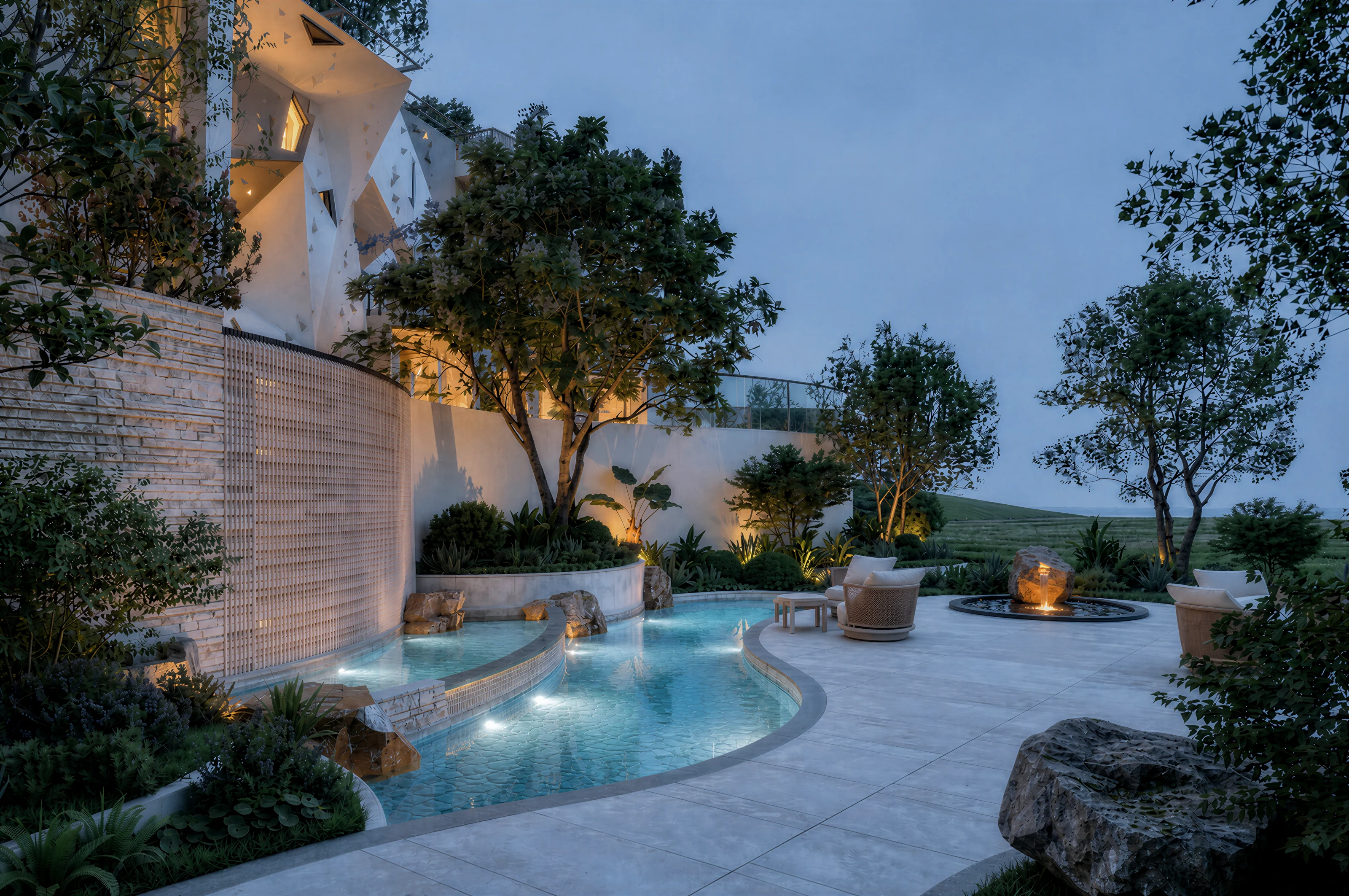 Architectural render of a landscaped pool at dusk