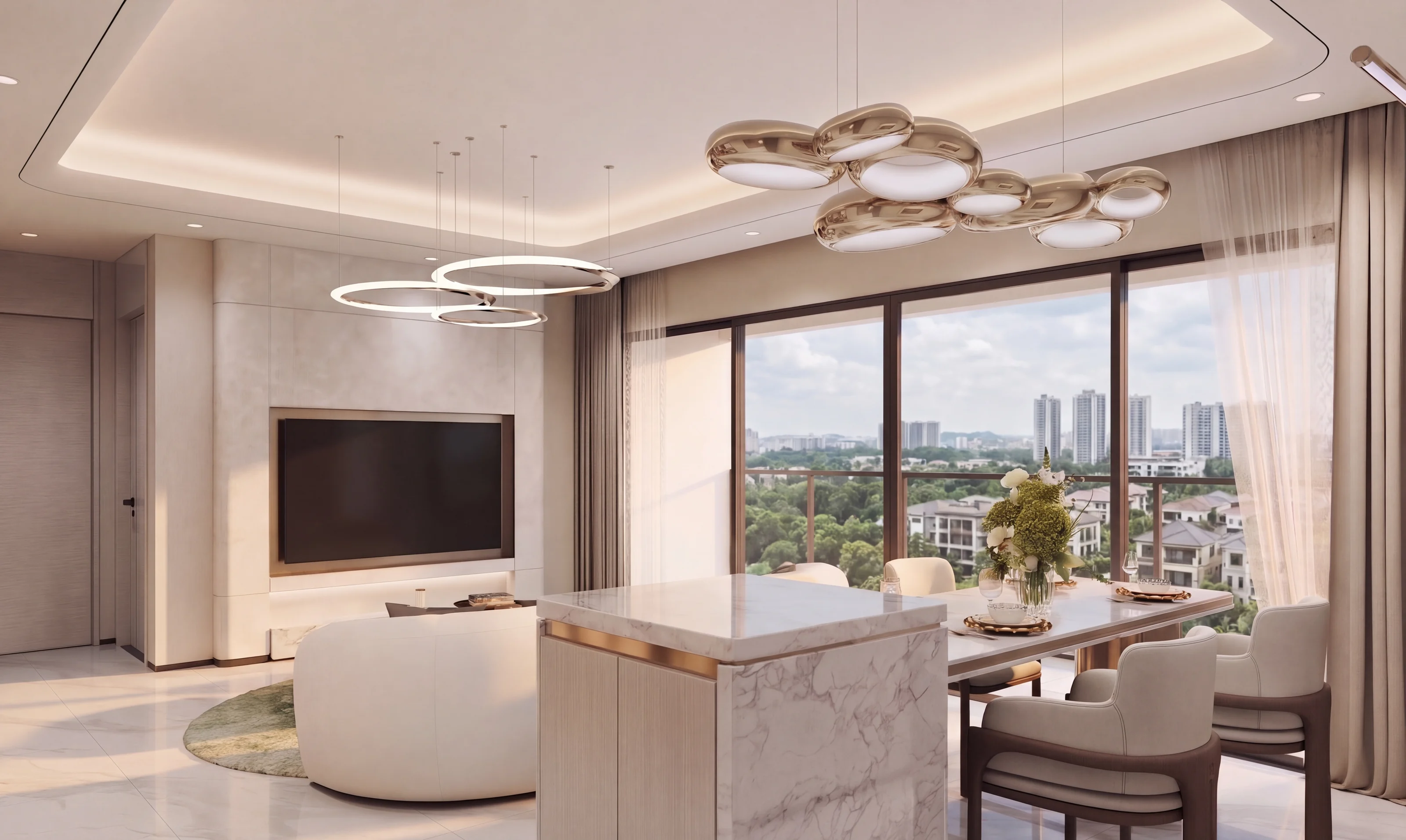 Interior render of an open living and dining area