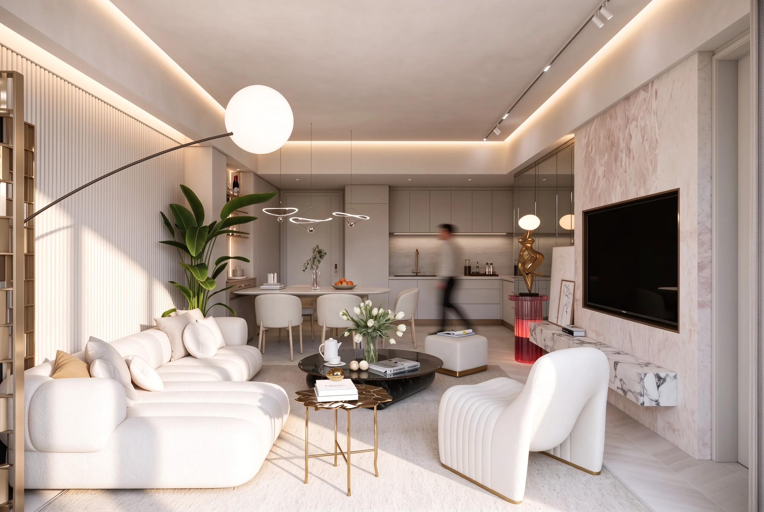 Interior render of an open living and dining space
