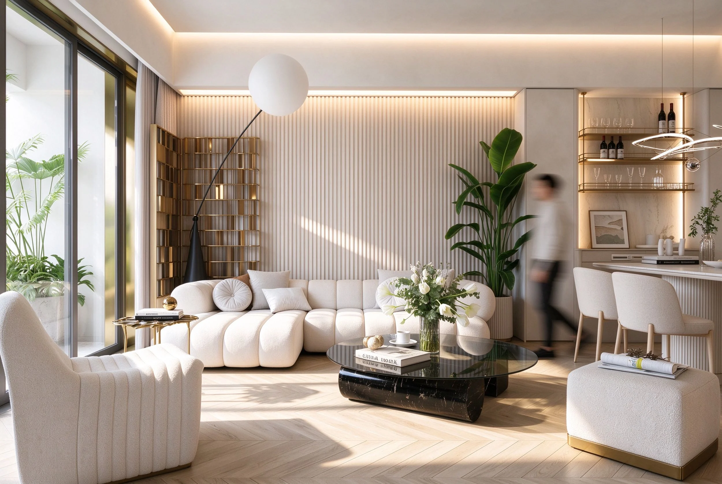 Interior render of a furnished living room in daylight