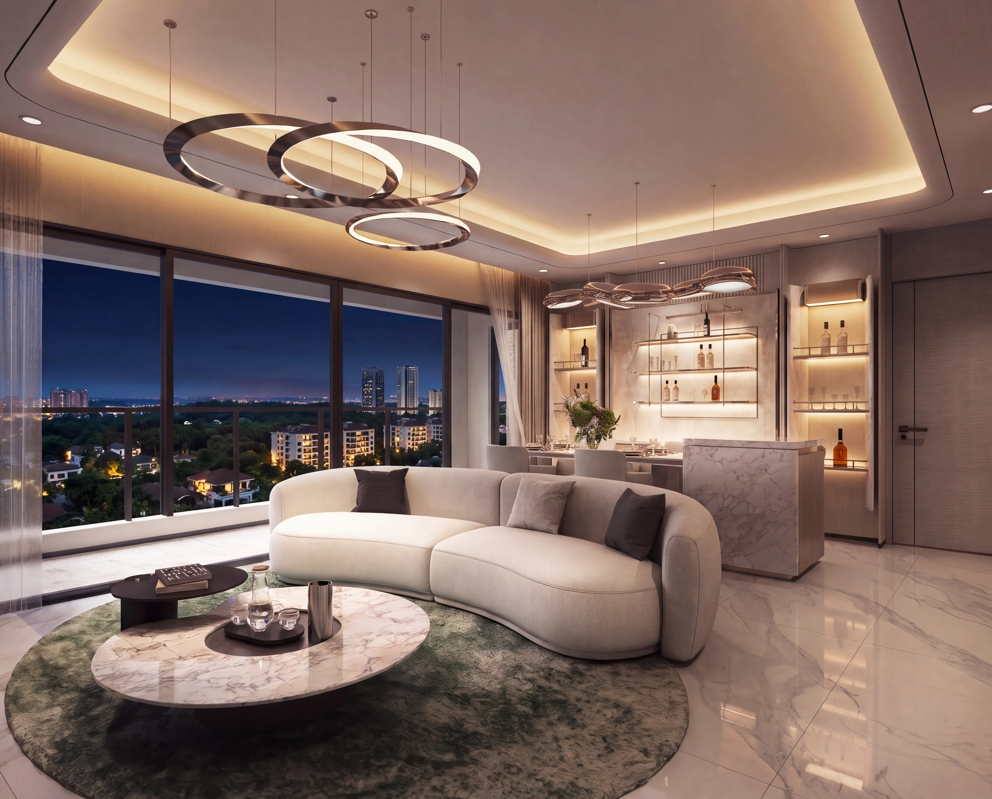 Interior render of a living room in the evening