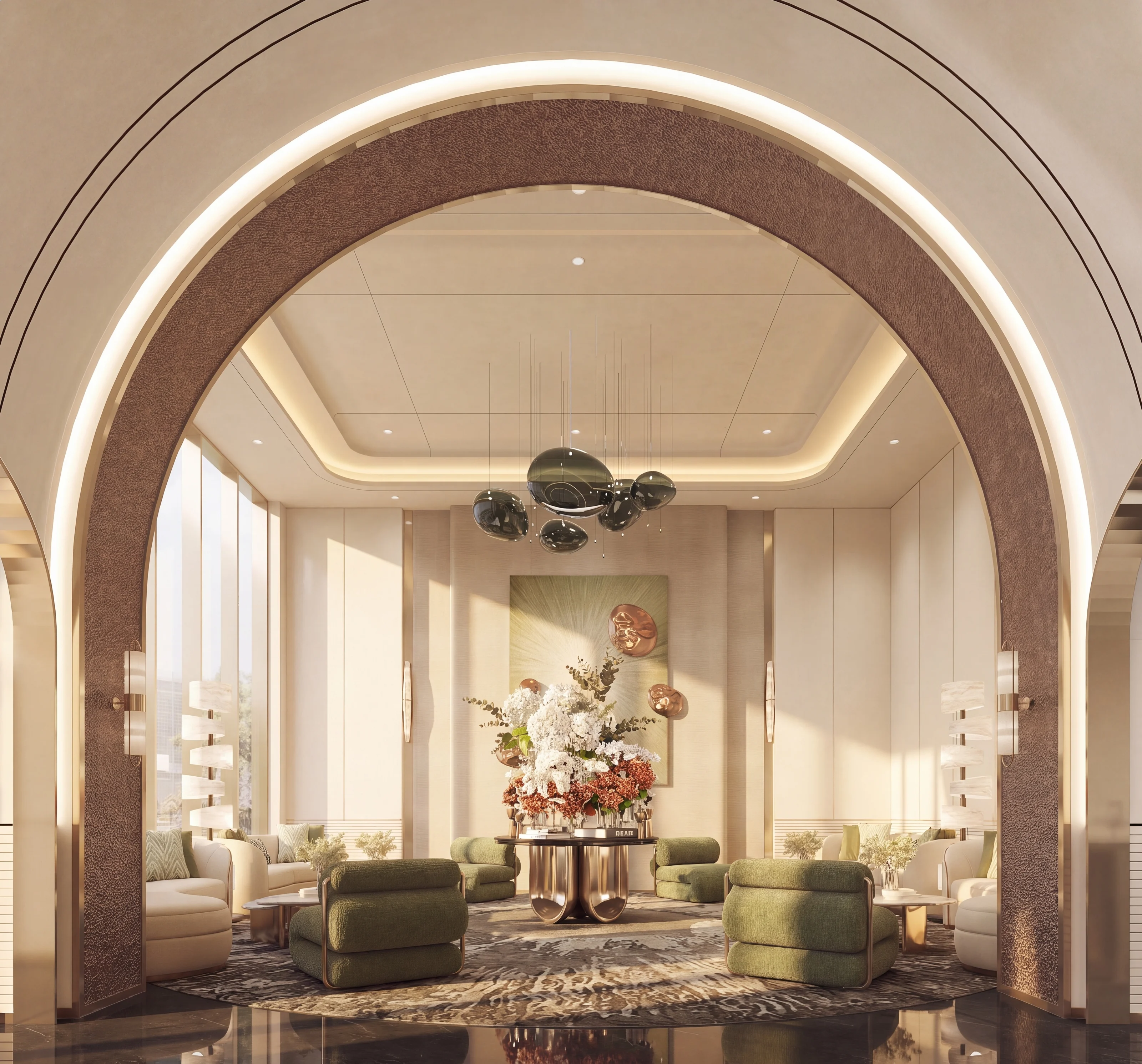 Interior render of a lounge framed by an arched entrance